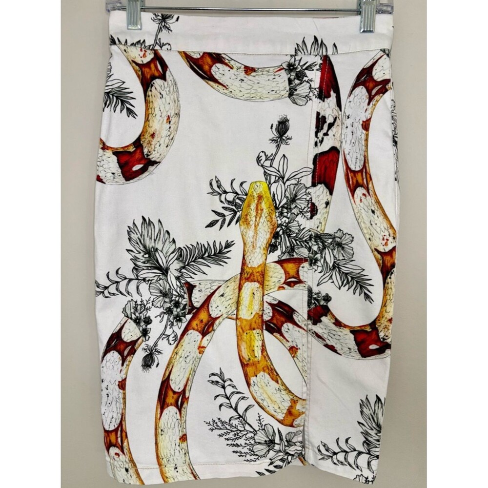 Morena Rosa White Pencil Skirt with Red and Yellow Snake Print